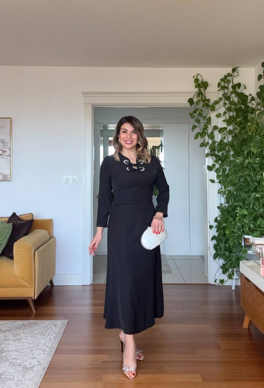 STONE-EMBELLISHED CUT-OUT NECK BELTED MAXI DRESS – BLACK