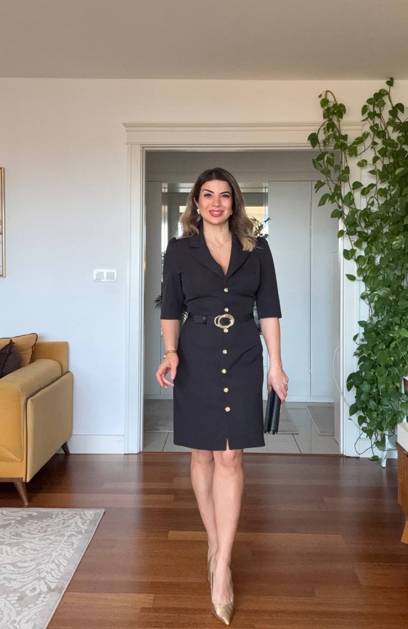 BELTED BUTTON-DOWN MIDI DRESS – BLACK