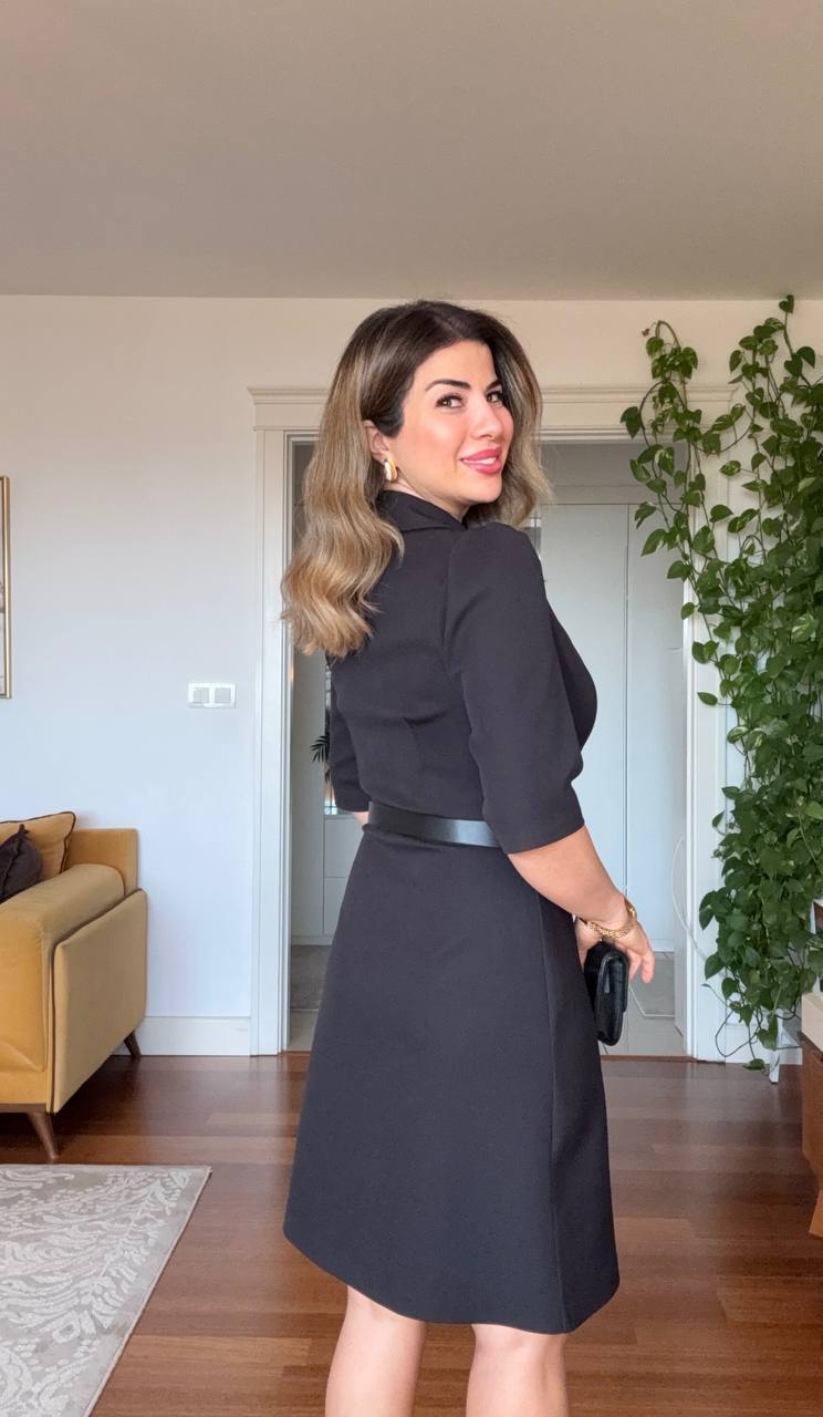 BELTED BUTTON-DOWN MIDI DRESS – BLACK