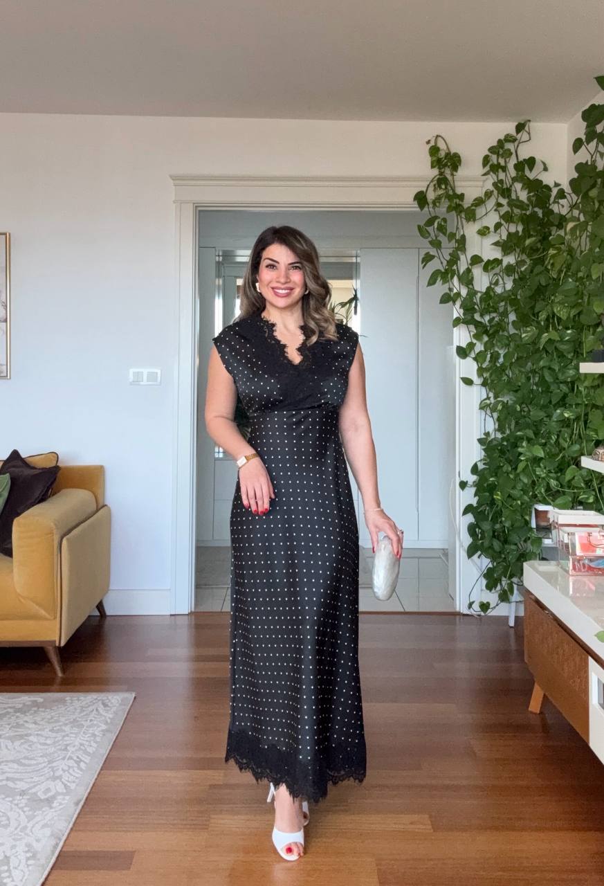 POLKA DOT LACE DETAIL SATIN MAXI DRESS – BLACK
