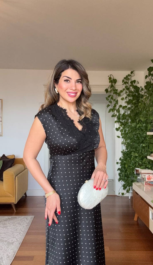 POLKA DOT LACE DETAIL SATIN MAXI DRESS – BLACK