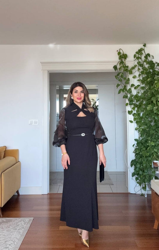 CHIFFON SLEEVE BELTED MAXI DRESS – BLACK