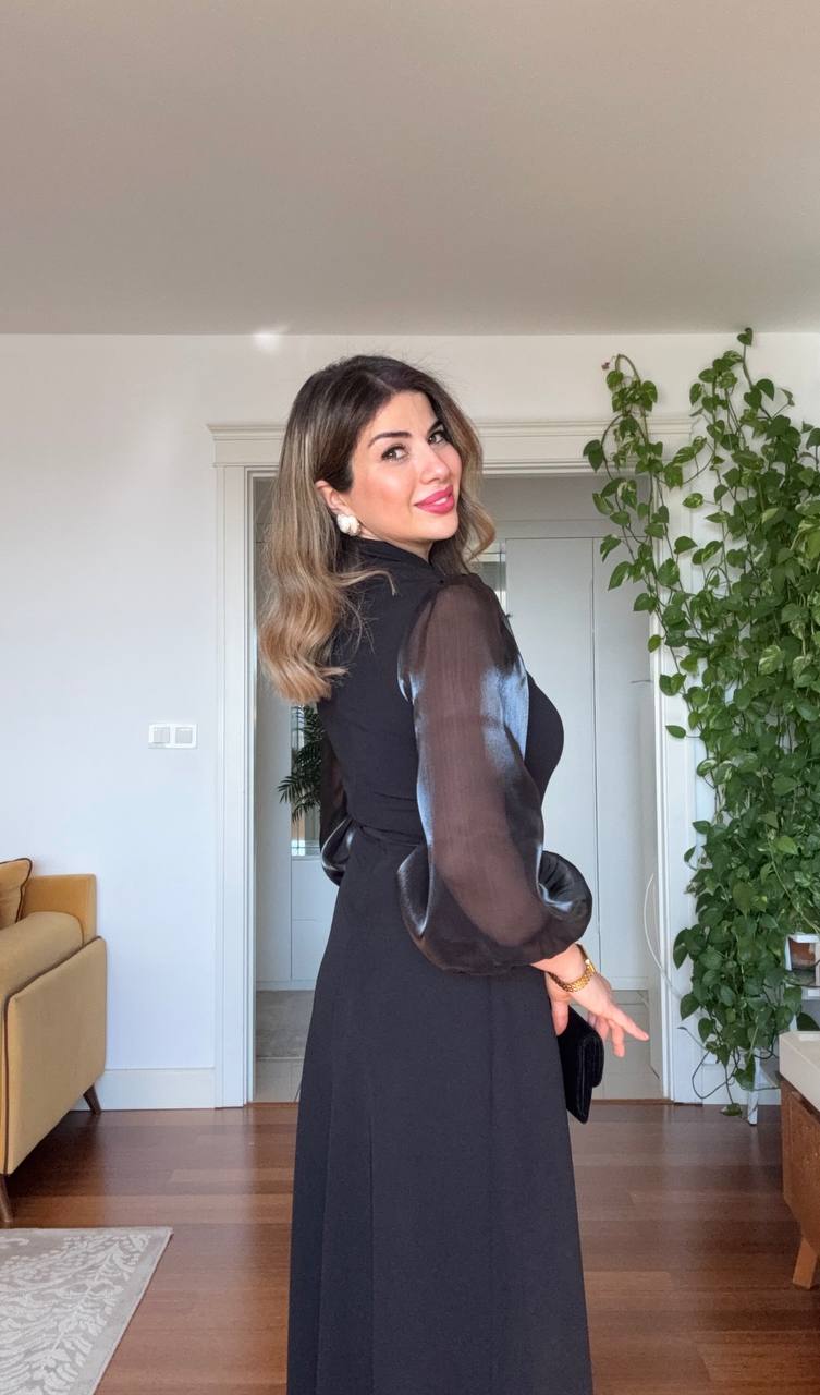 CHIFFON SLEEVE BELTED MAXI DRESS – BLACK