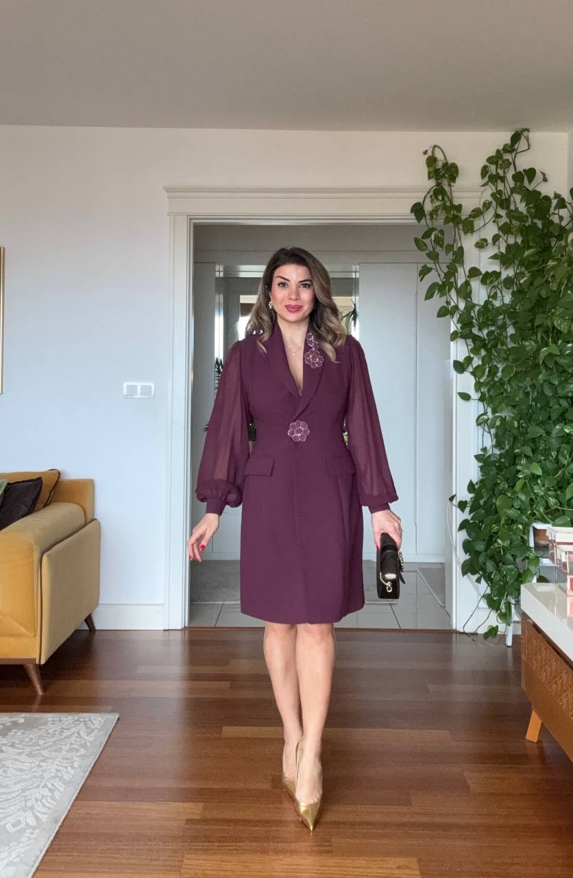 FLORAL APPLIQUÉ CHIFFON SLEEVE BLAZER DRESS – PLUM