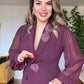 FLORAL APPLIQUÉ CHIFFON SLEEVE BLAZER DRESS – PLUM