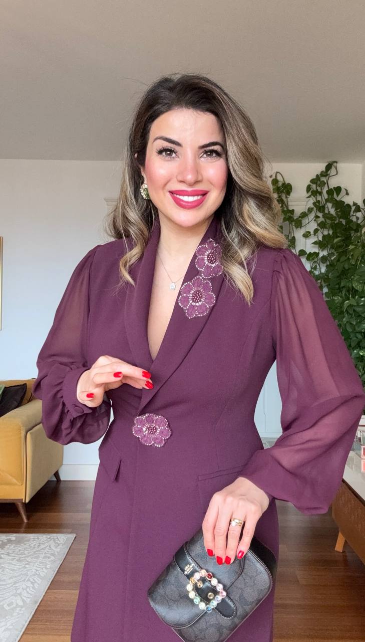FLORAL APPLIQUÉ CHIFFON SLEEVE BLAZER DRESS – PLUM