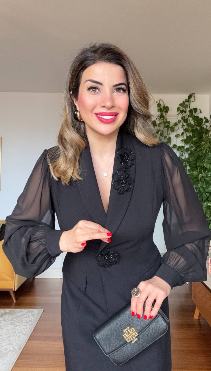 FLORAL APPLIQUÉ CHIFFON SLEEVE BLAZER DRESS – BLACK