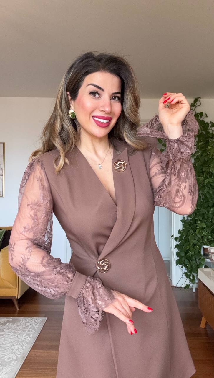 GOLD BUTTON DETAIL LACE SLEEVE WRAP DRESS – BROWN