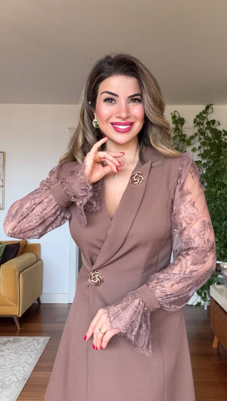 GOLD BUTTON DETAIL LACE SLEEVE WRAP DRESS – BROWN