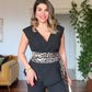 V-NECK DOUBLE-BREASTED JACKET SET WITH LEOPARD BELT DETAIL - BLACK