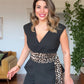 V-NECK DOUBLE-BREASTED JACKET SET WITH LEOPARD BELT DETAIL - BLACK