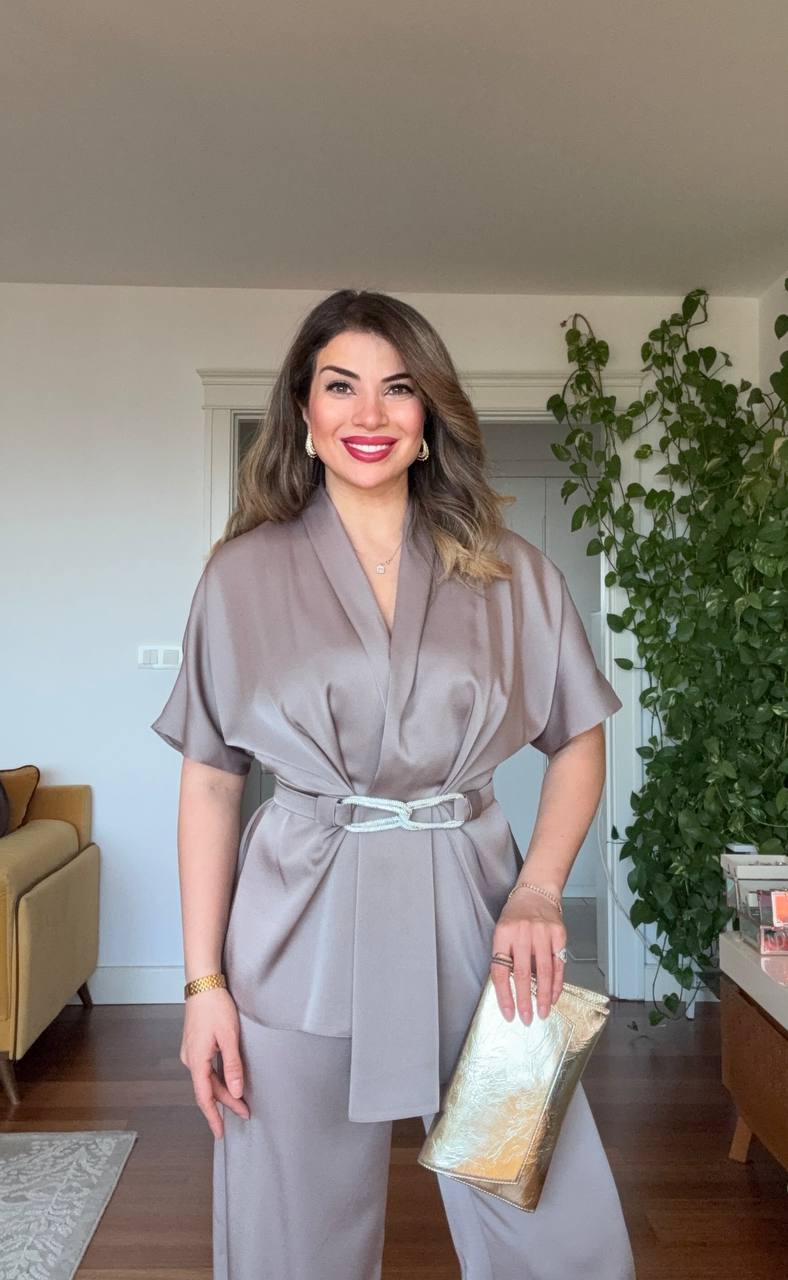 SATIN TWO-PIECE SET WITH WRAP TIE DETAIL - SILVER MINK