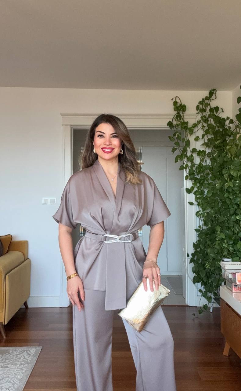 SATIN TWO-PIECE SET WITH WRAP TIE DETAIL - SILVER MINK