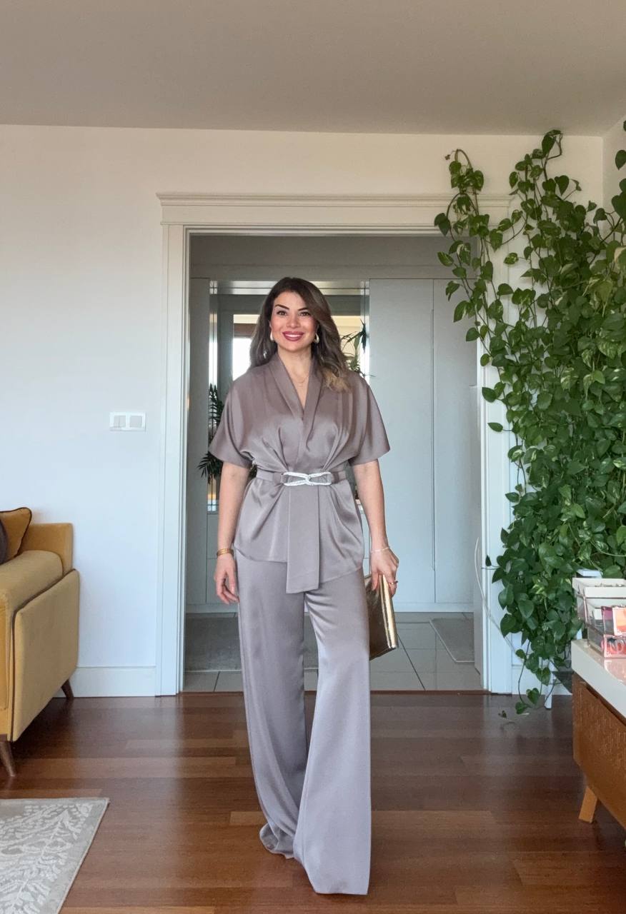 SATIN TWO-PIECE SET WITH WRAP TIE DETAIL - SILVER MINK