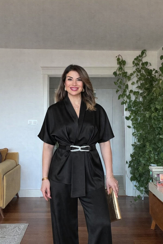 SATIN TWO-PIECE SET WITH WRAP TIE DETAIL - BLACK