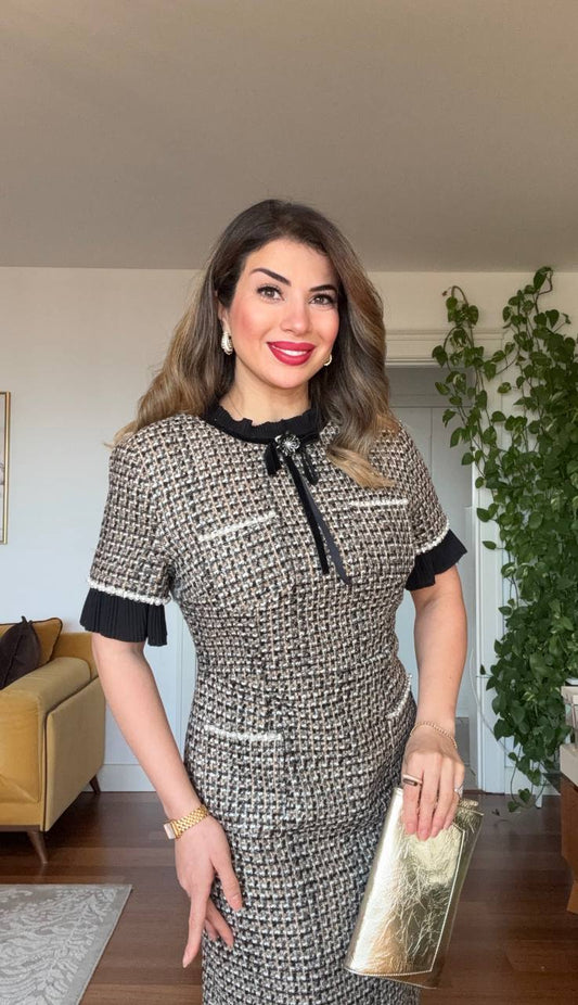 TWEED PATTERNED ROUND NECK MIDI DRESS - BLACK & WHITE