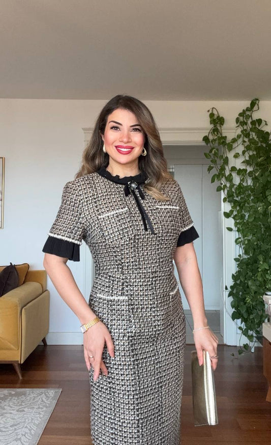 TWEED PATTERNED ROUND NECK MIDI DRESS - BLACK & WHITE