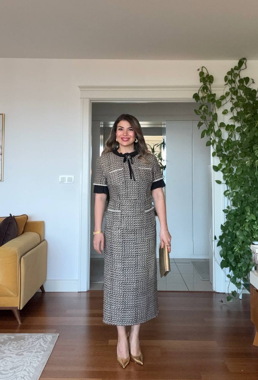 TWEED PATTERNED ROUND NECK MIDI DRESS - BLACK & WHITE