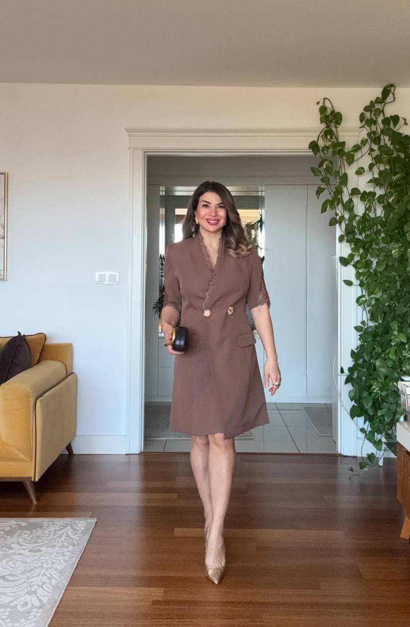 LACE-DETAILED DOUBLE-BREASTED BLAZER DRESS - BROWN