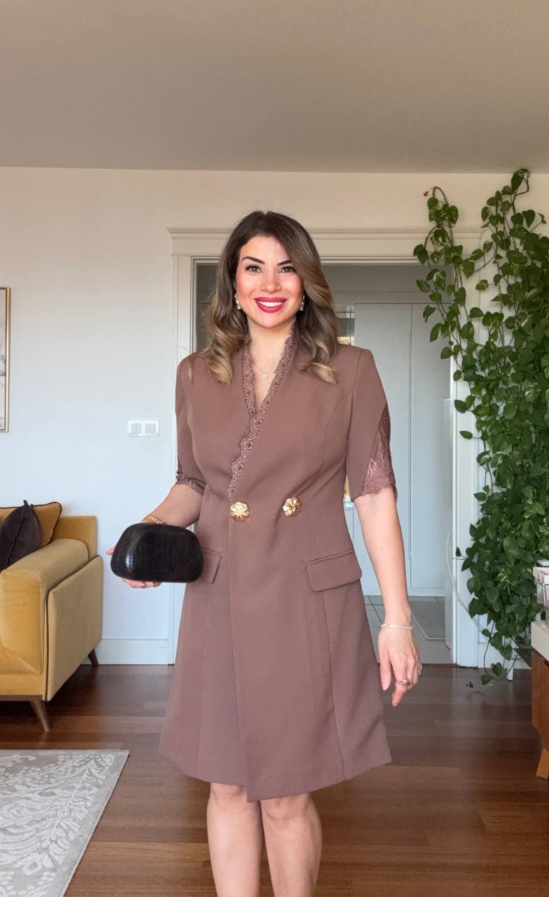 LACE-DETAILED DOUBLE-BREASTED BLAZER DRESS - BROWN