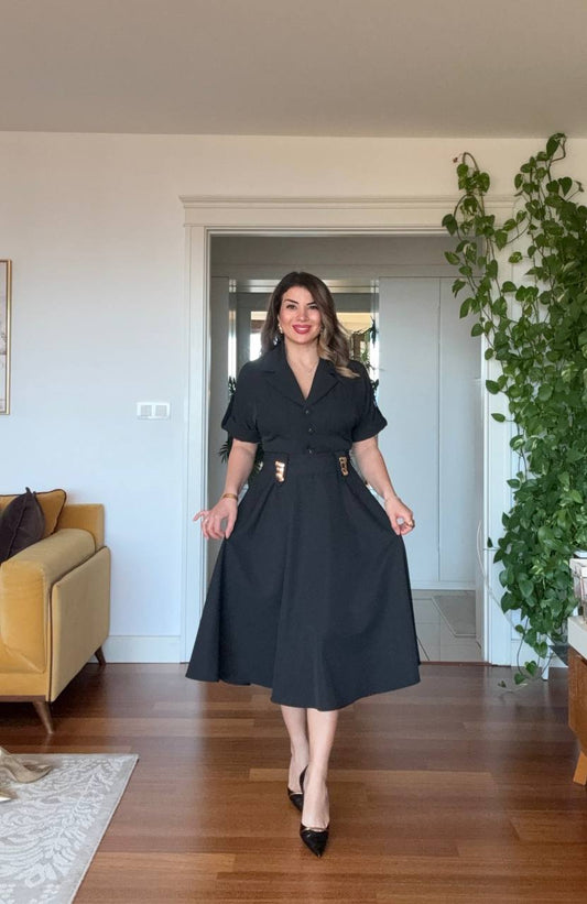 SAFARI COLLAR MIDI DRESS WITH GOLD BUCKLE DETAILS - BLACK