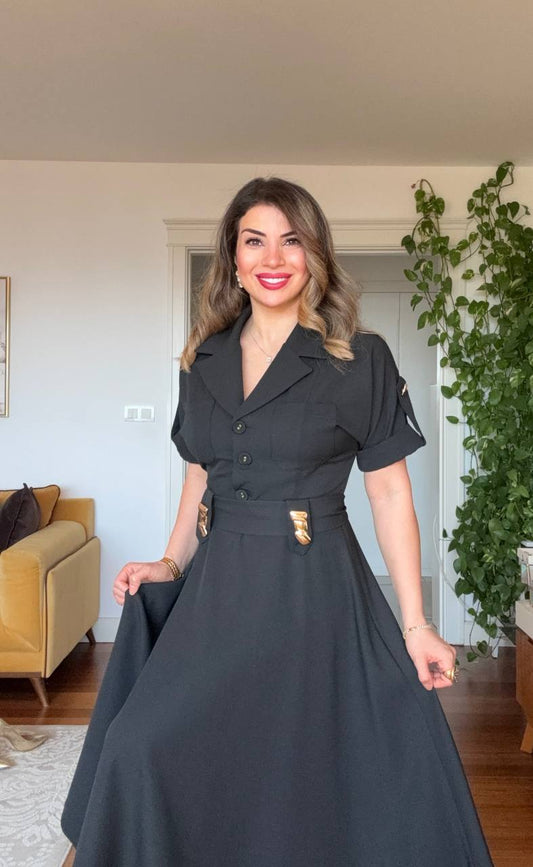 SAFARI COLLAR MIDI DRESS WITH GOLD BUCKLE DETAILS - BLACK