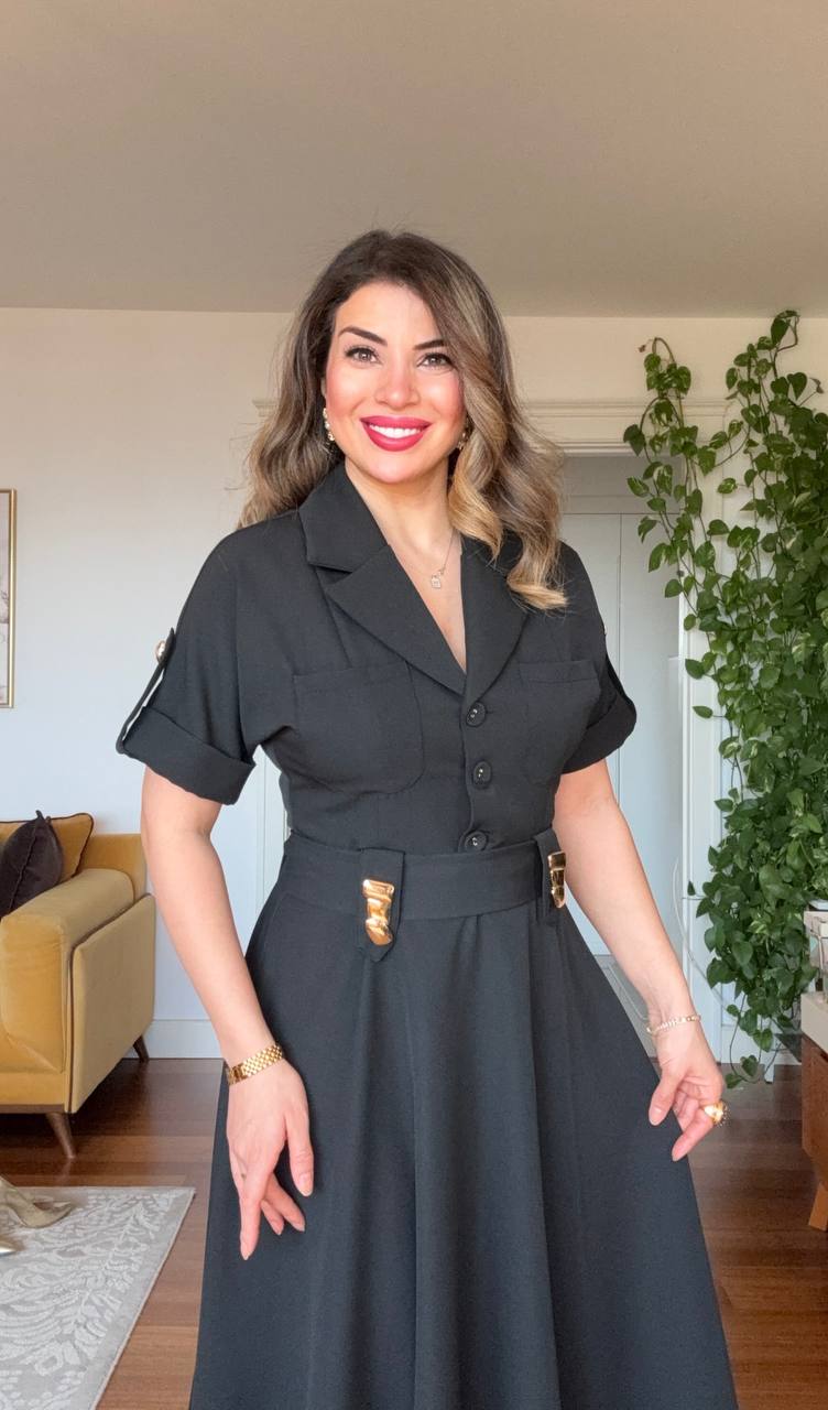 SAFARI COLLAR MIDI DRESS WITH GOLD BUCKLE DETAILS - BLACK