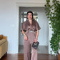 SATIN TEXTURED ELEGANT SET WITH BELT DETAIL - MOCHA BROWN