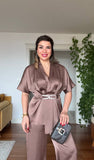 SATIN TEXTURED ELEGANT SET WITH BELT DETAIL - MOCHA BROWN