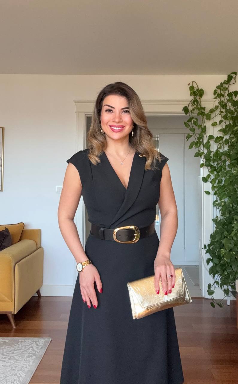 GOLD BUCKLE DETAILED WRAP V-NECK MIDI DRESS - BLACK