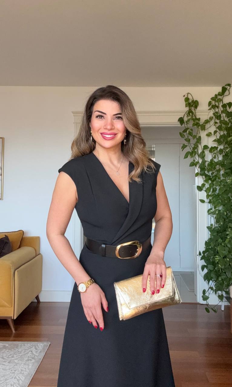 GOLD BUCKLE DETAILED WRAP V-NECK MIDI DRESS - BLACK