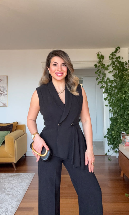 ASYMMETRIC CUT PREMIUM SLEEVELESS SET - BLACK