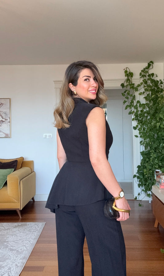 ASYMMETRIC CUT PREMIUM SLEEVELESS SET - BLACK