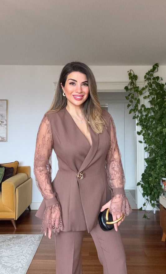 GUIPURE LACE DETAILED DOUBLE-BREASTED CHIC SET - BROWN