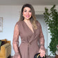 GUIPURE LACE DETAILED DOUBLE-BREASTED CHIC SET - BROWN