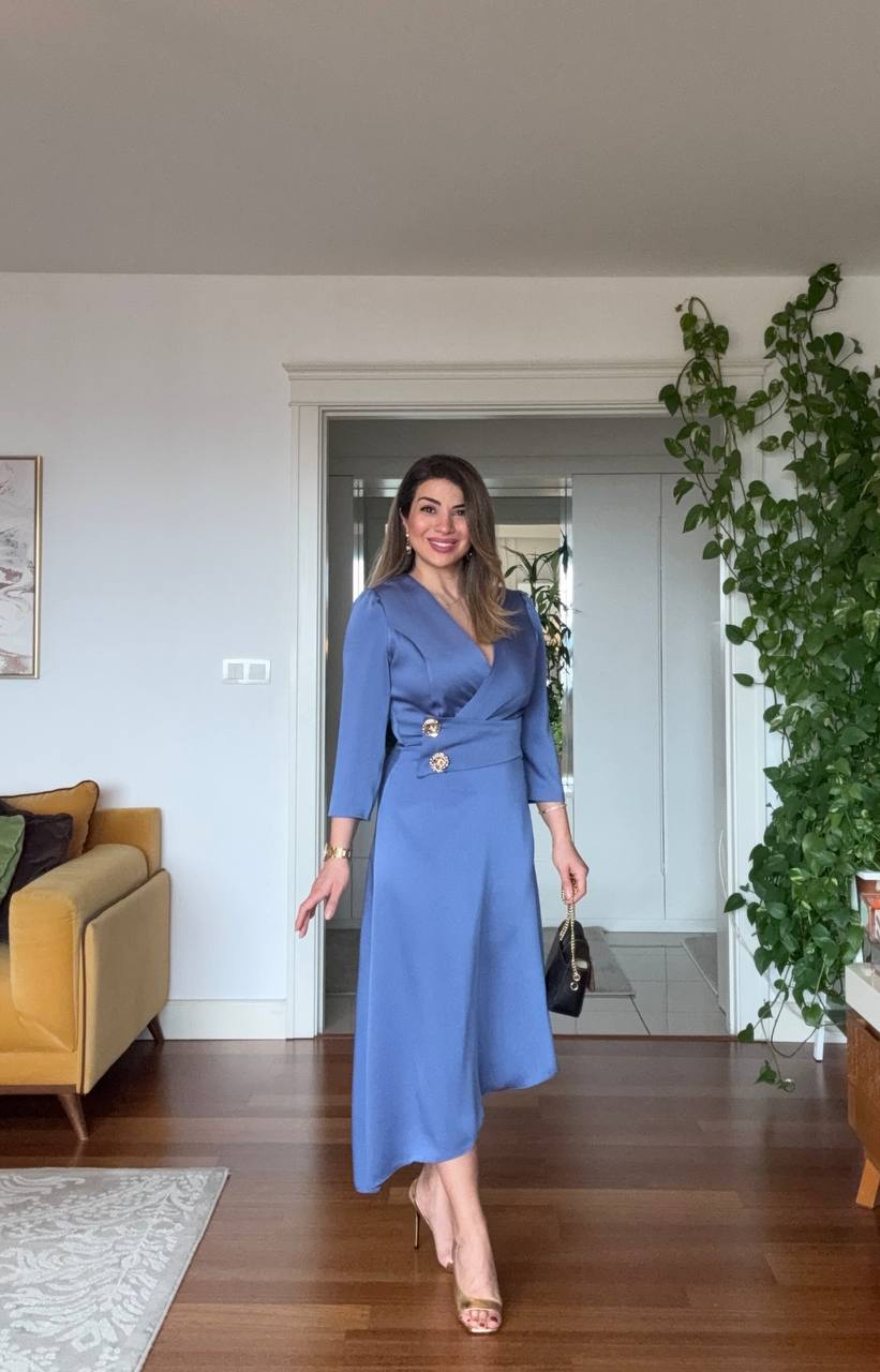 GOLD BUTTON DETAIL WRAP DRESS – INDIGO