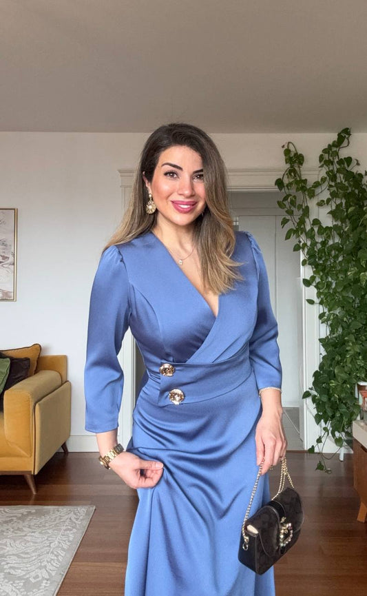 GOLD BUTTON DETAIL WRAP DRESS – INDIGO