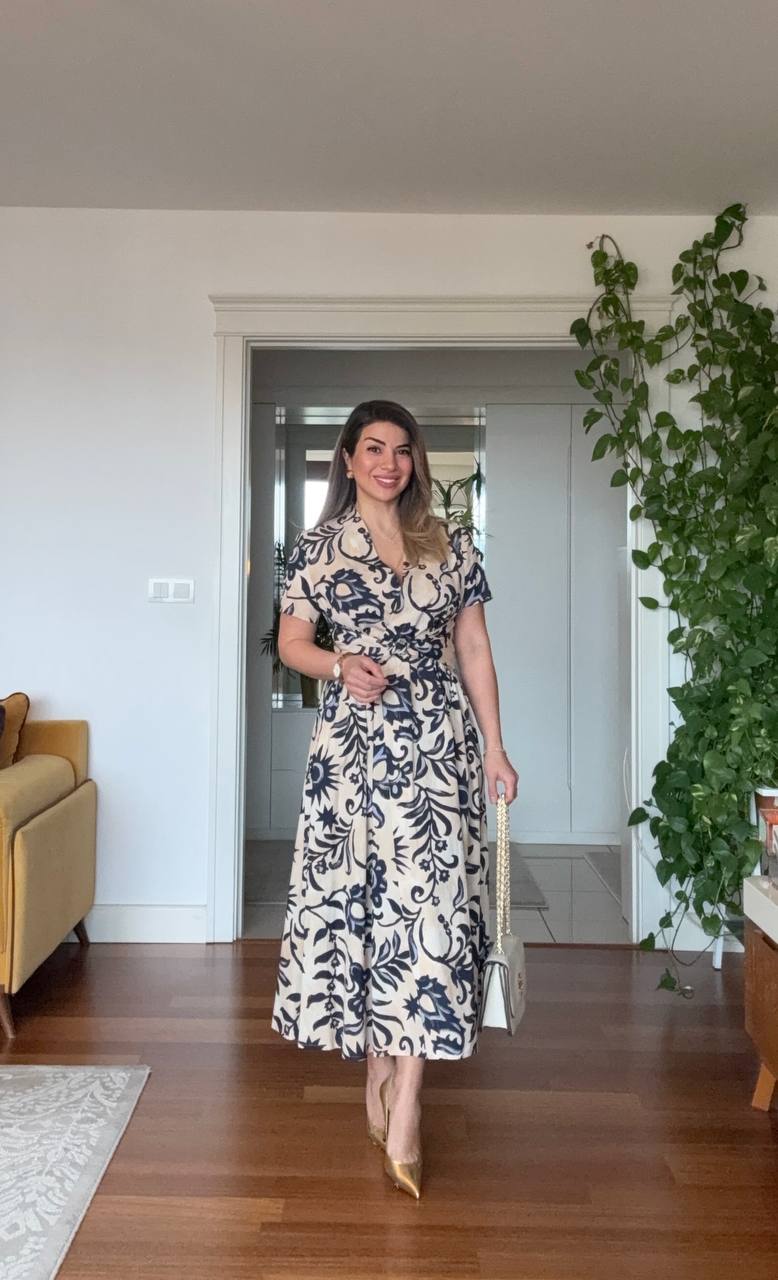 V-NECK WAIST-TIE ETHNIC PRINT FLARE DRESS - CREAM