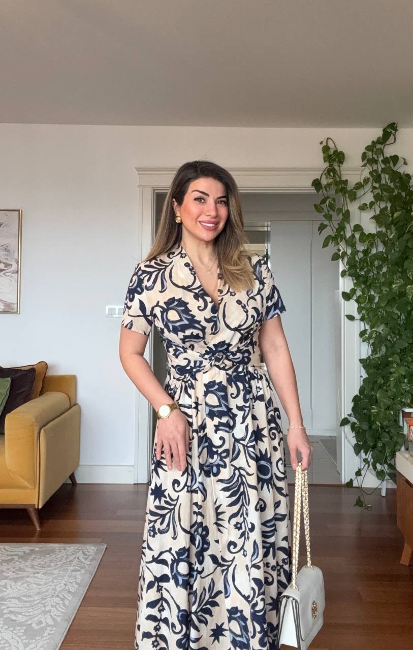 V-NECK WAIST-TIE ETHNIC PRINT FLARE DRESS - CREAM