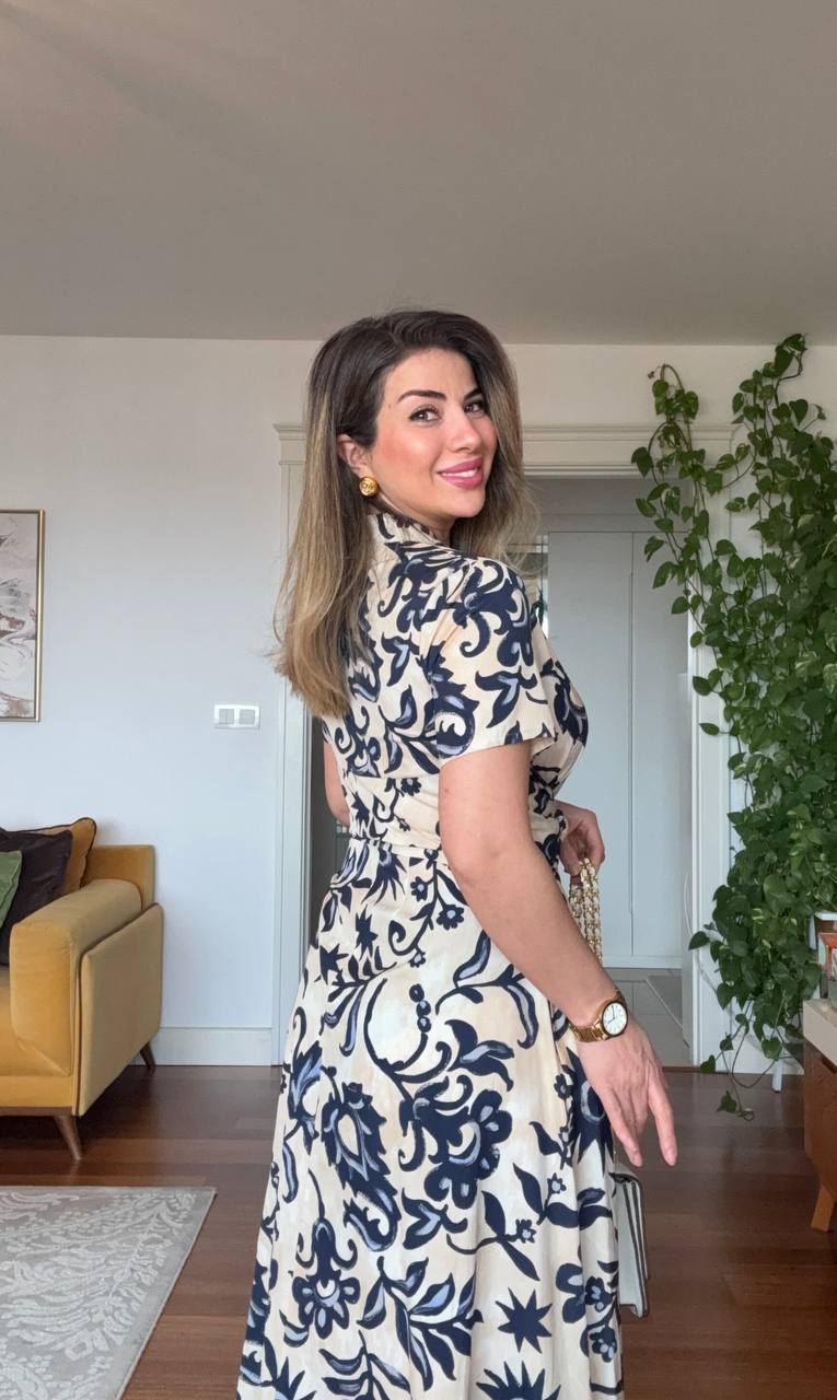 V-NECK WAIST-TIE ETHNIC PRINT FLARE DRESS - CREAM