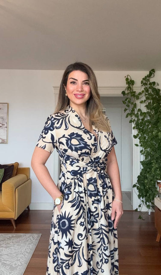 V-NECK WAIST-TIE ETHNIC PRINT FLARE DRESS - CREAM