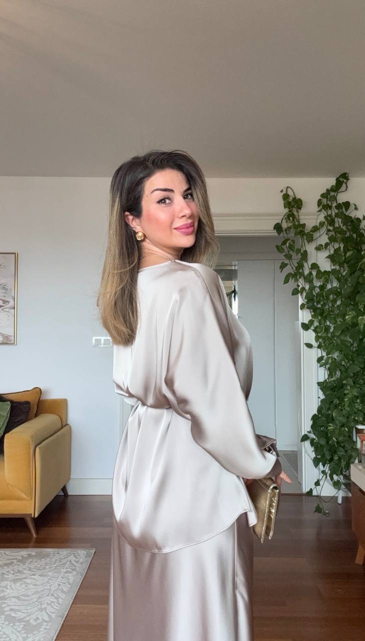 SATIN TEXTURED ELEGANT BLOUSE AND LONG SKIRT SET – CHAMPAGNE