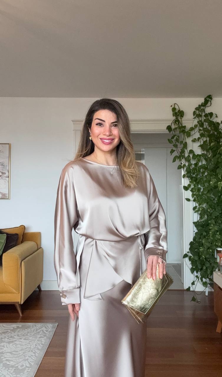 SATIN TEXTURED ELEGANT BLOUSE AND LONG SKIRT SET – CHAMPAGNE