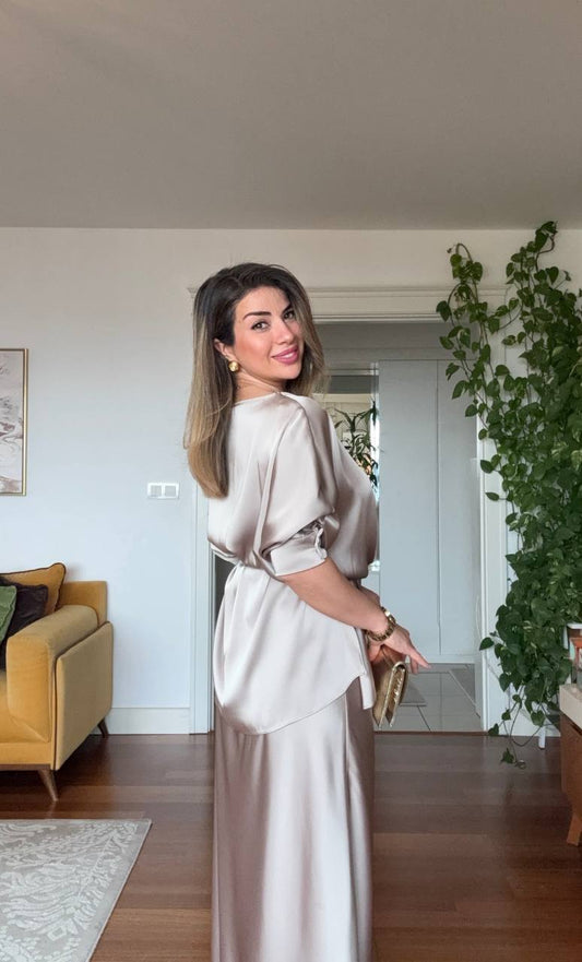 SATIN TEXTURED ELEGANT BLOUSE AND LONG SKIRT SET – CHAMPAGNE