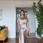 SATIN TEXTURED ELEGANT BLOUSE AND LONG SKIRT SET – CHAMPAGNE