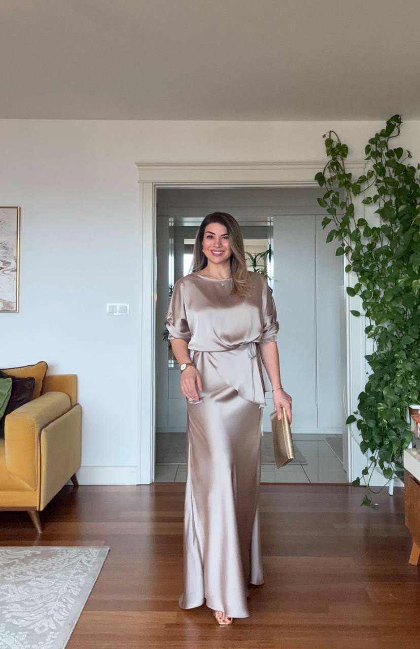 SATIN TEXTURED ELEGANT BLOUSE AND LONG SKIRT SET – CHAMPAGNE