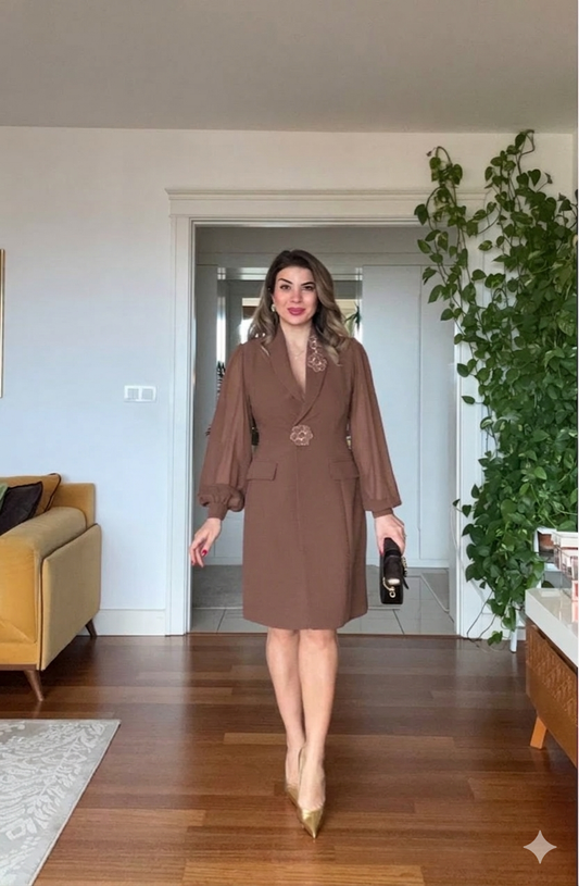 FLORAL APPLIQUÉ CHIFFON SLEEVE BLAZER DRESS – BROWN