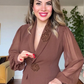 FLORAL APPLIQUÉ CHIFFON SLEEVE BLAZER DRESS – BROWN