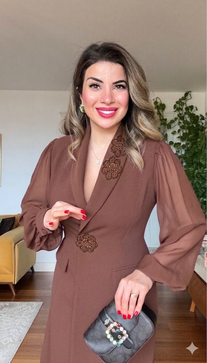 FLORAL APPLIQUÉ CHIFFON SLEEVE BLAZER DRESS – BROWN