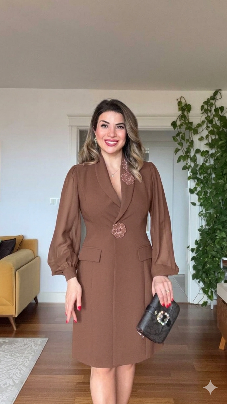 FLORAL APPLIQUÉ CHIFFON SLEEVE BLAZER DRESS – BROWN